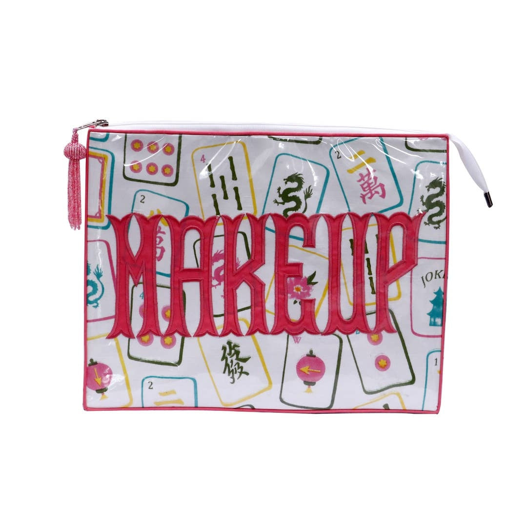Tiana Design Mahjong Cosmetic Bag with pink 'MAKEUP' embroidery and mahjong tile print.