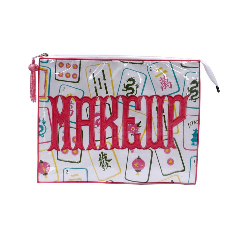 Tiana Design Mahjong Cosmetic Bag with pink 'MAKEUP' embroidery and mahjong tile print.