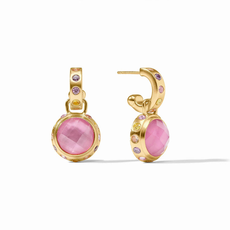 Rainbow hoop earring with colorful glass charms on a gold-plated post.