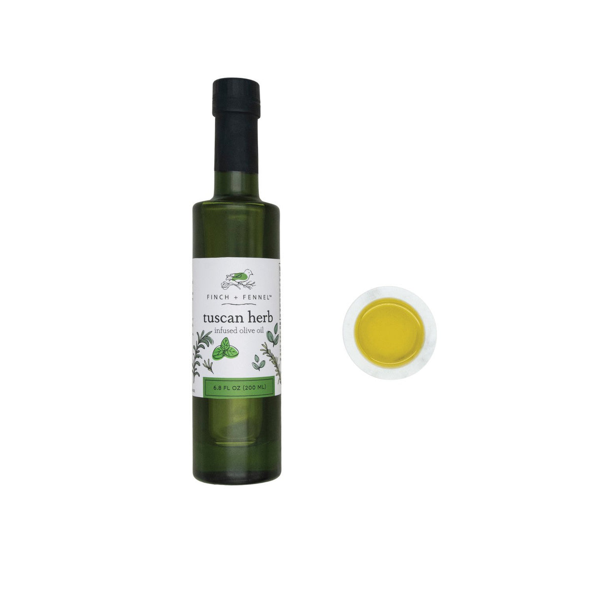 Bottle of Tuscan Herb Infused Olive Oil with a clear glass silhouette showing green liquid and herb details.