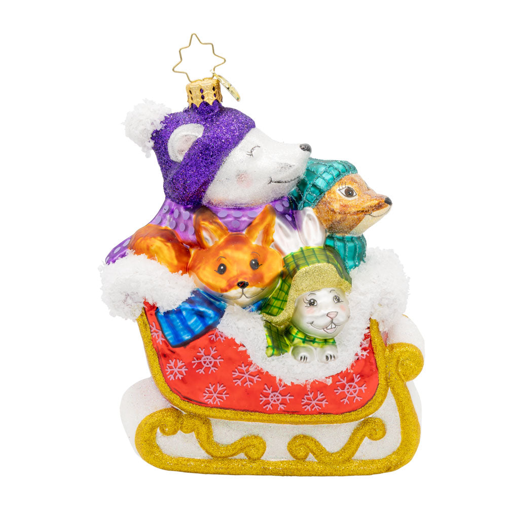 Tiny Tails & Jingle Bells glass ornament featuring a polar bear, fox, and bunny in a red sleigh.