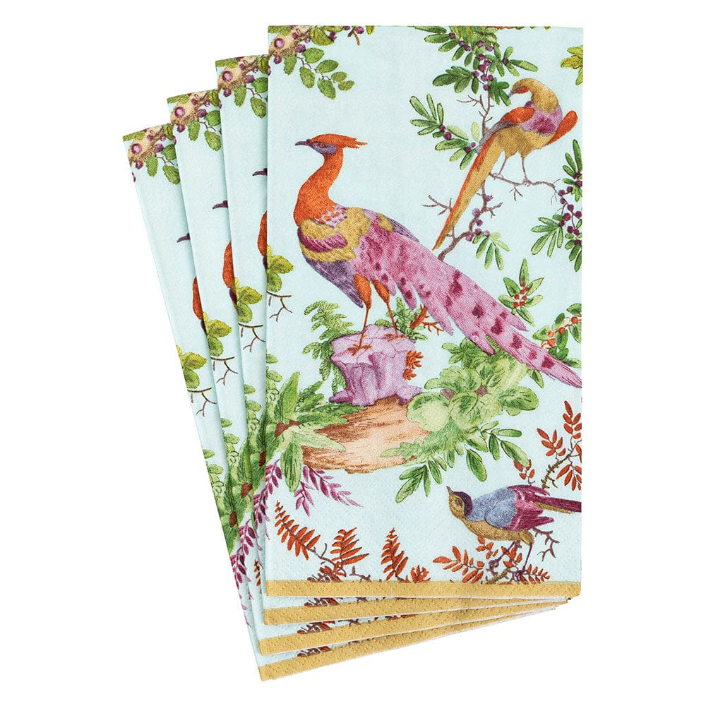 Four Chelsea Birds Celadon guest towels featuring colorful birds and botanical designs.