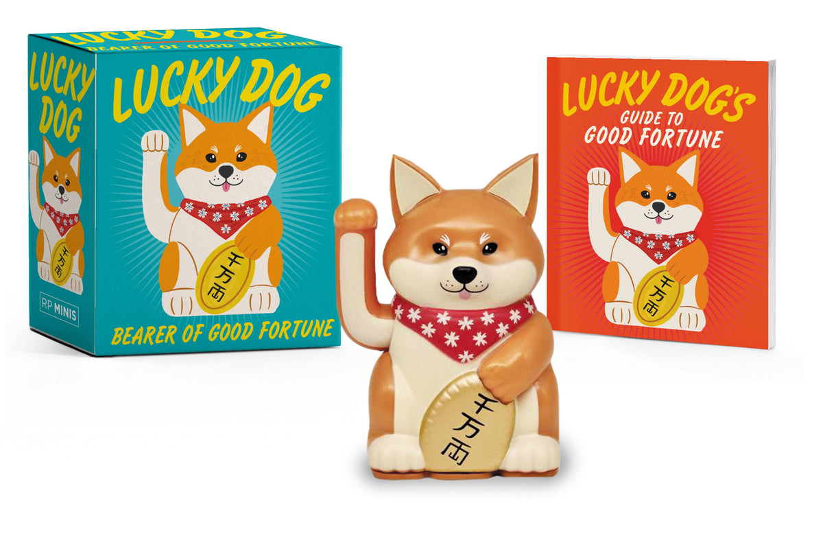 Lucky Dog figurine with motorized arm, illustrated mini book, and teal collector's box.