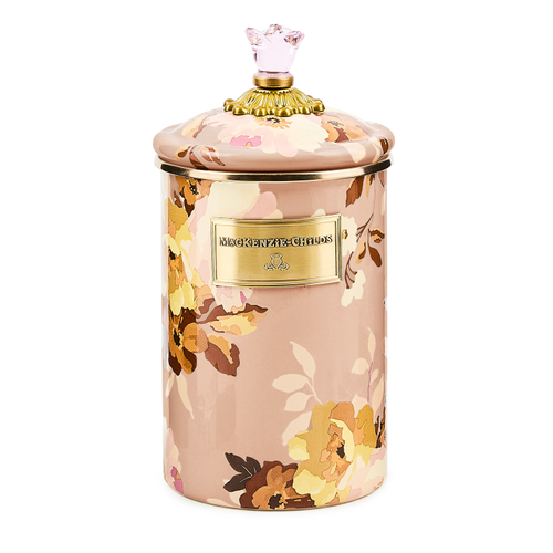 Large mauve canister with a wild rose floral pattern, gold-tone label, and pink glass lid knob.