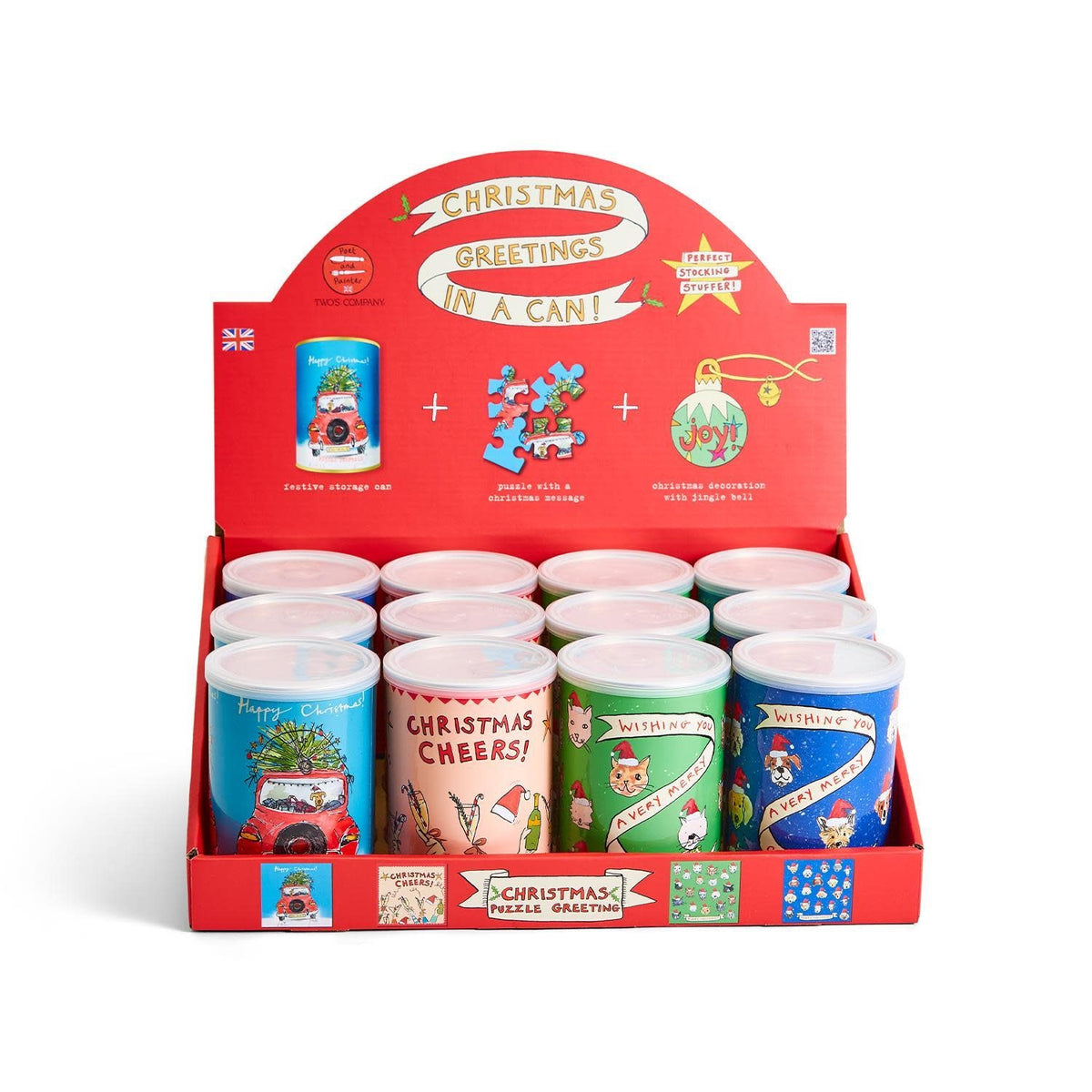 Holiday Greeting puzzle in a tin can featuring a joyful ornament with festive holiday message.