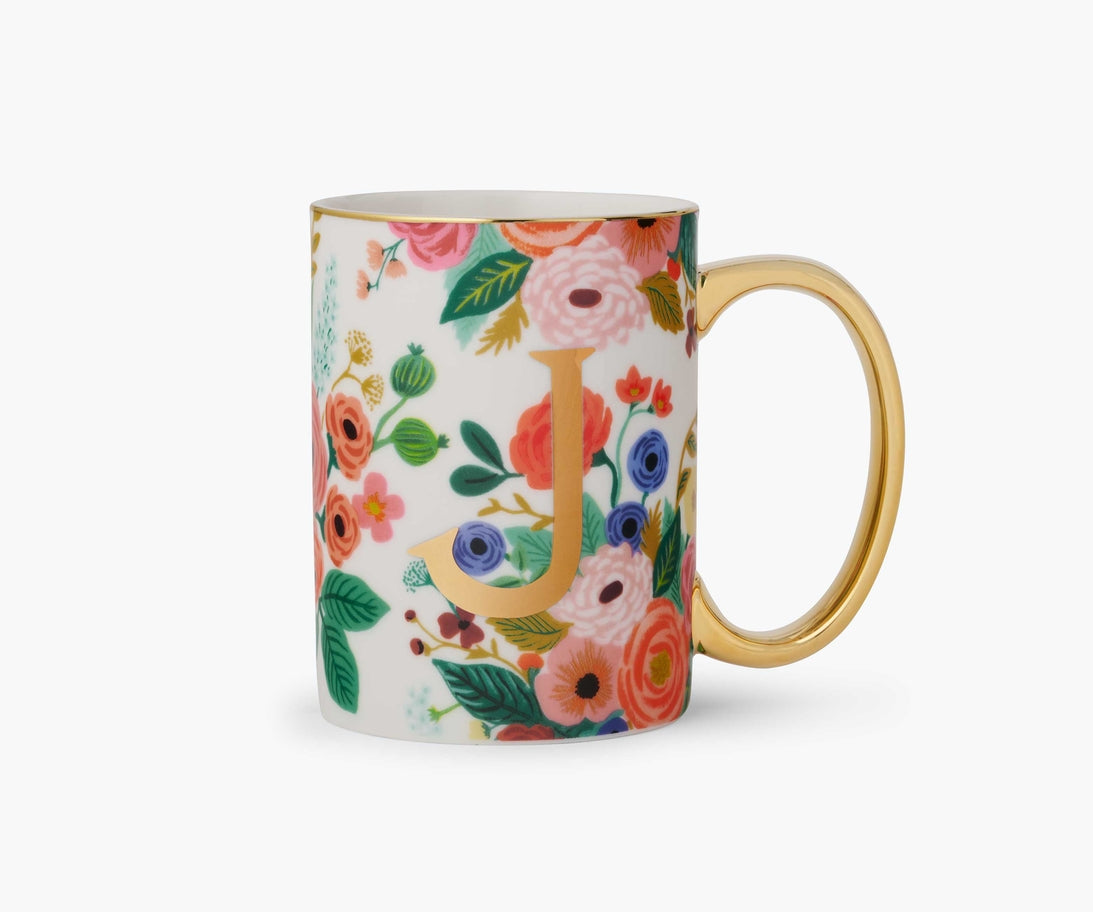 Garden Party Porcelain Monogram Mug with a gold foil 'J' and colorful floral pattern.