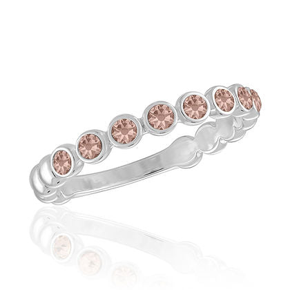 Vintage Rose Infinity Stack Ring featuring a silver band with bezel-set rose-colored stones.