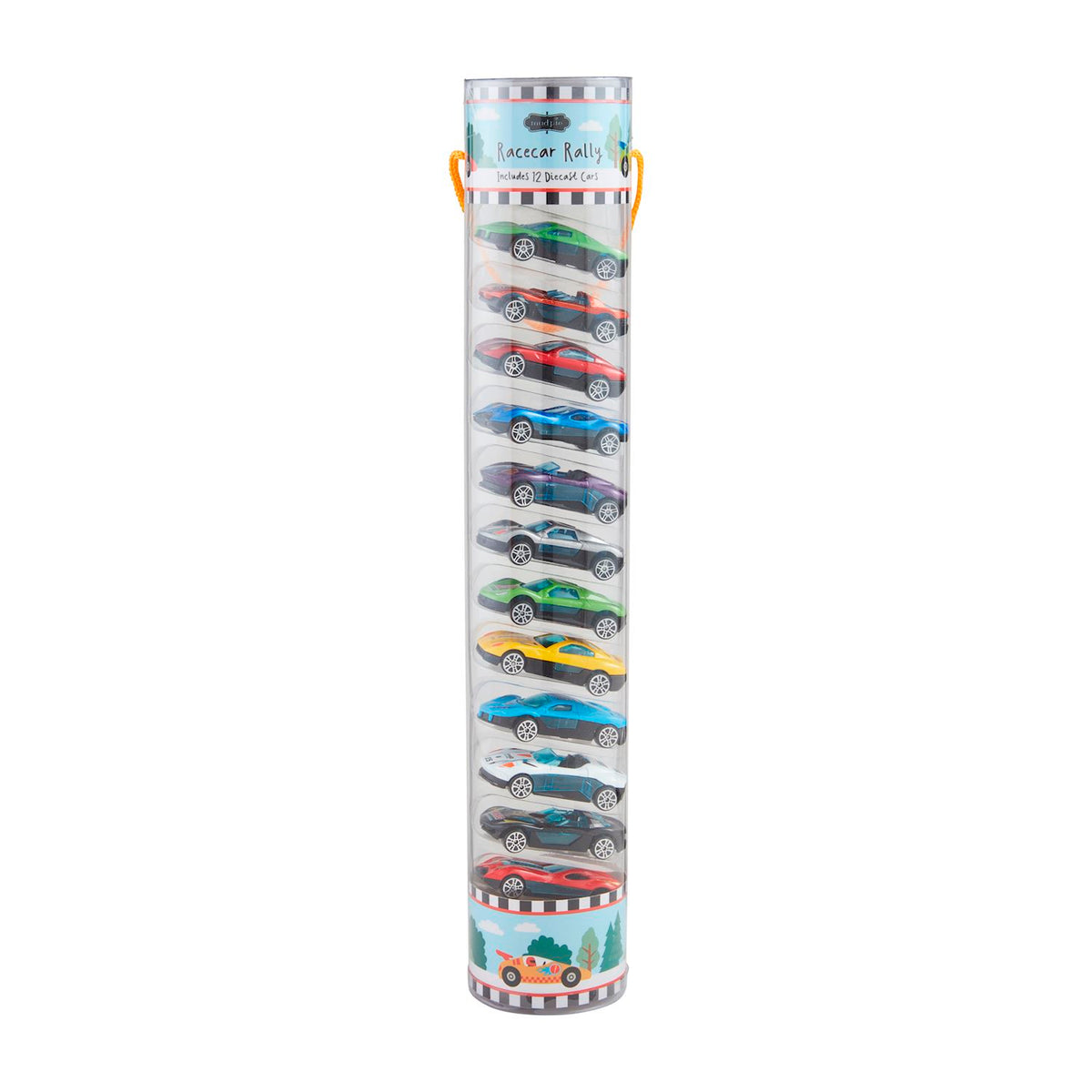 Plastic race car rally set featuring colorful toy vehicles with racing decals.