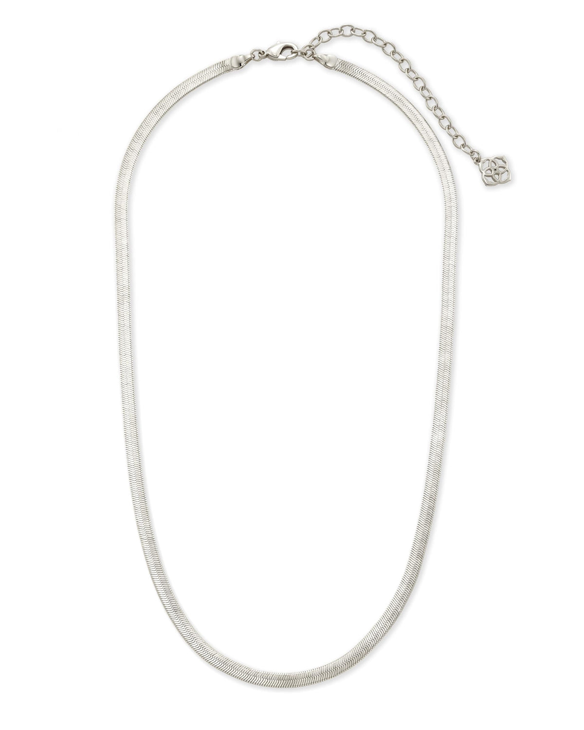 Kassie Chain Necklace in silver featuring a flat herringbone design with a lobster clasp closure.