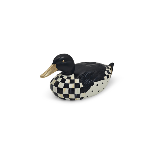 Hand-painted resin mallard duck figurine with black head, gold beak, and black and white patterns.