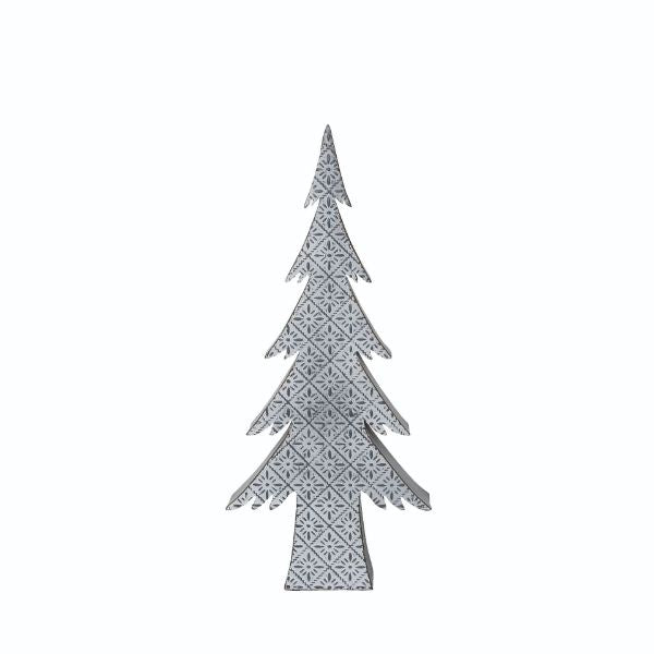 Large metal Christmas tree decoration with a punched floral pattern and a weathered silver finish.