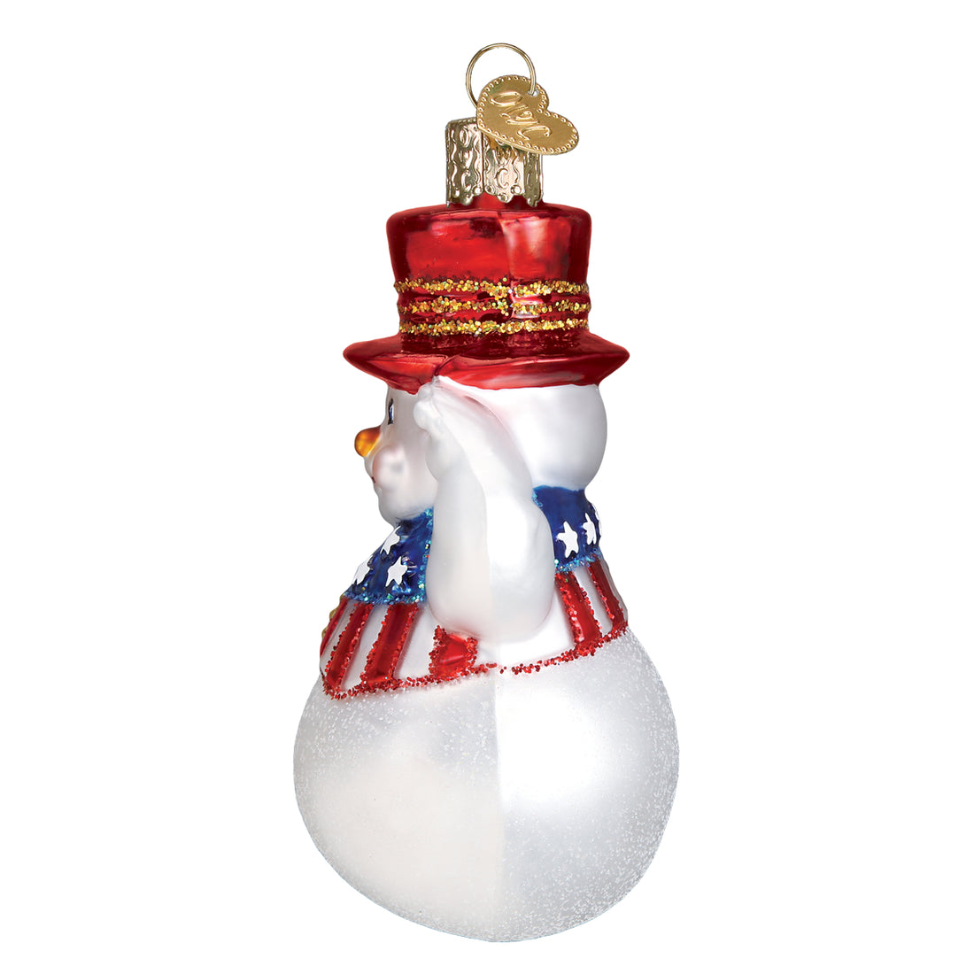 Patriotic snowman glass ornament wearing a red top hat and a red, white, and blue star-spangled vest