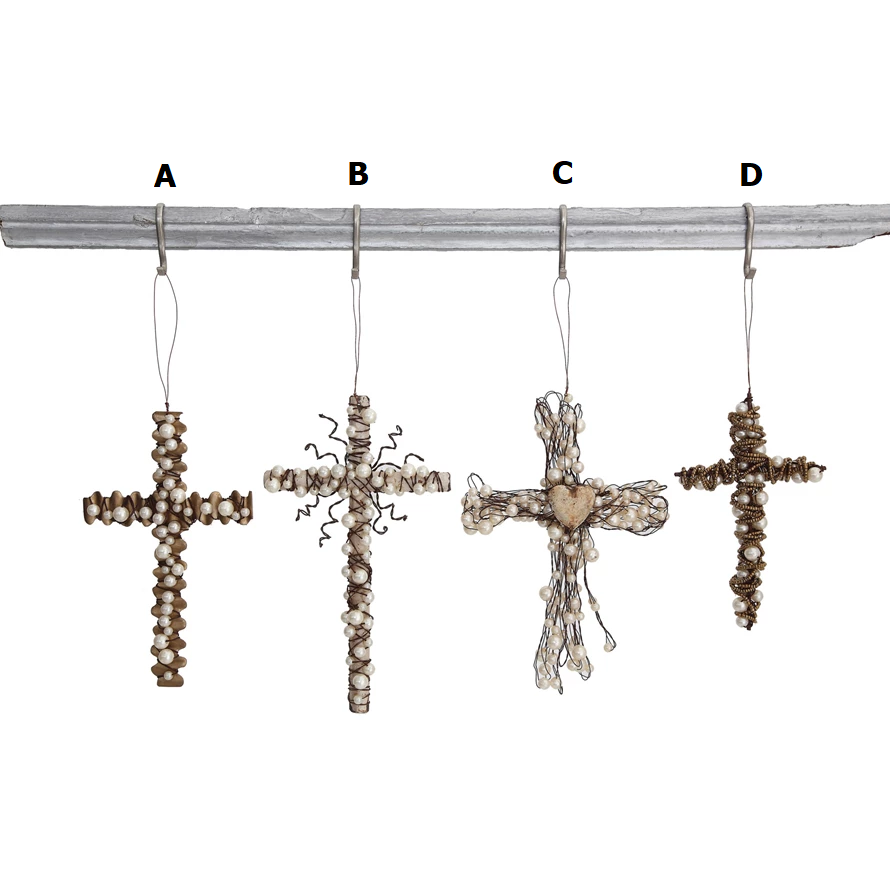 Metal wire cross ornament with bead accents