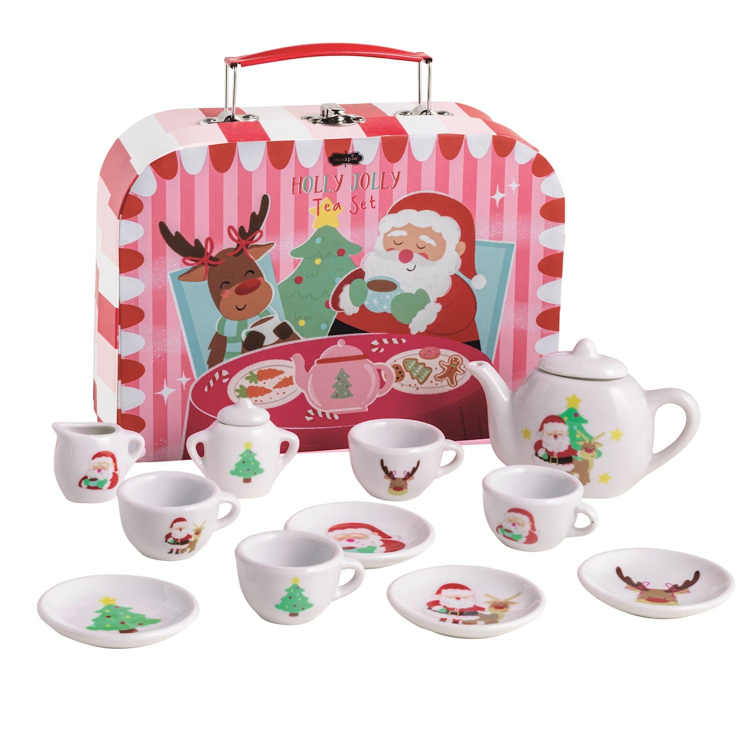 Holly Jolly Tea Set with a festive carrying case, teapot, cups, saucers, and cream and sugar set.