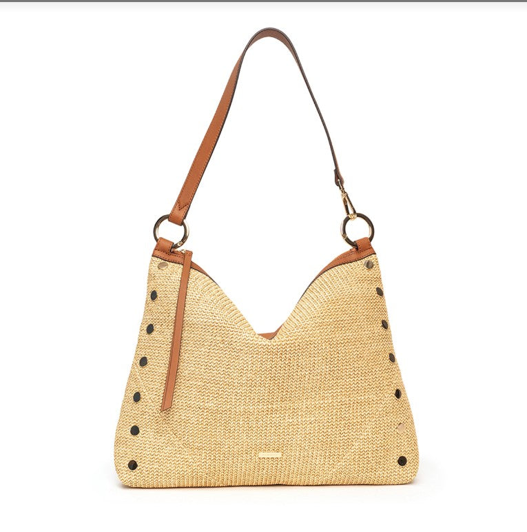 Large Kyle bag in cocoa raffia with tan leather accents, gold hardware, diagonal seams, and red lining.