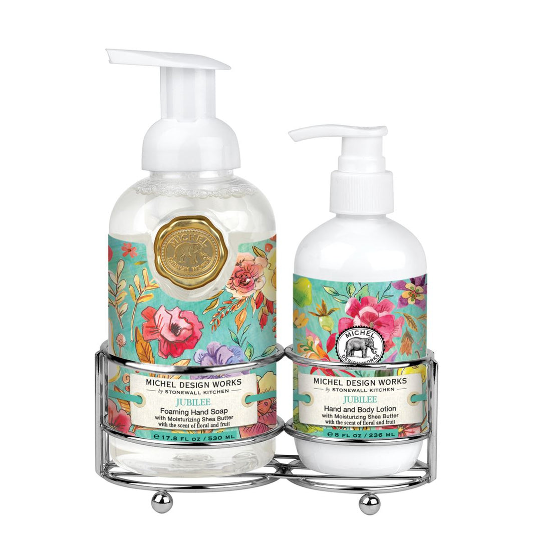 Foaming hand soap dispenser with lotion pump in a neutral caddy.