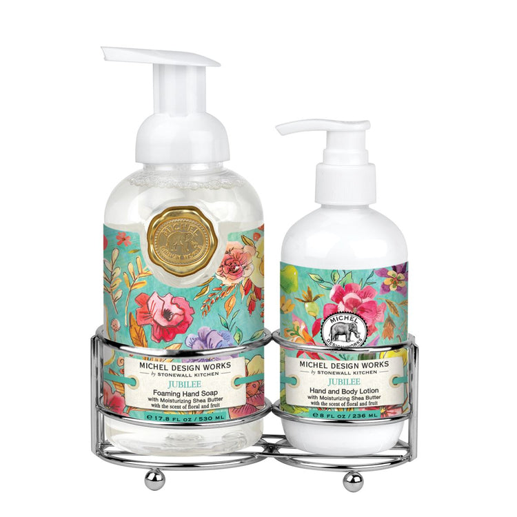 Foaming hand soap dispenser with lotion pump in a neutral caddy.