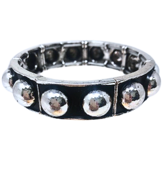 Western silver metal stretch bracelet with black panels and raised silver bubble studs.