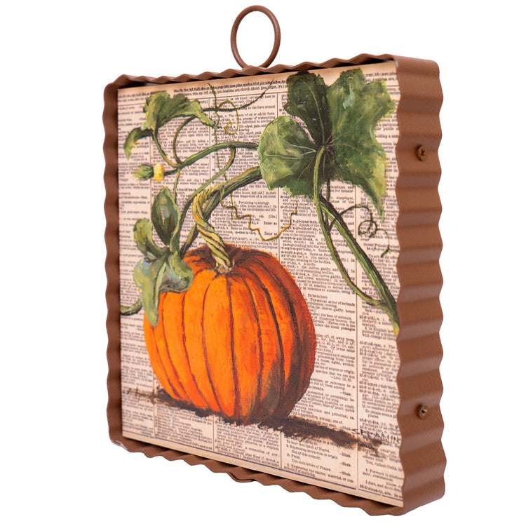 Mini pumpkin print on dictionary page background in a corrugated rusty metal frame.