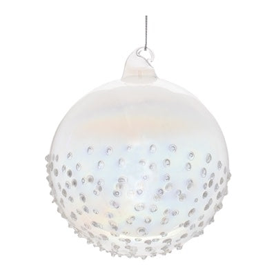 Iridescent glass ball ornament with a textured, hobnail-style bottom half and a clear glass loop.
