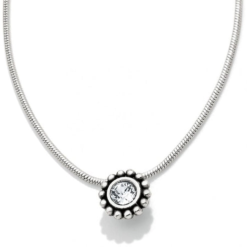 Silver plated necklace with adjustable chain featuring a small crystal pendant.