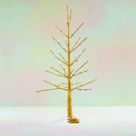 Gold tree-shaped decorative item with pink LED lights on a stand