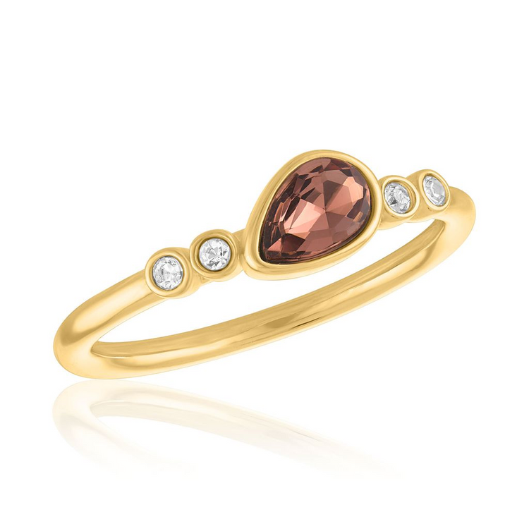 Burgundy angled teardrop gold ring with four small round clear accents on a thin gold-tone band.