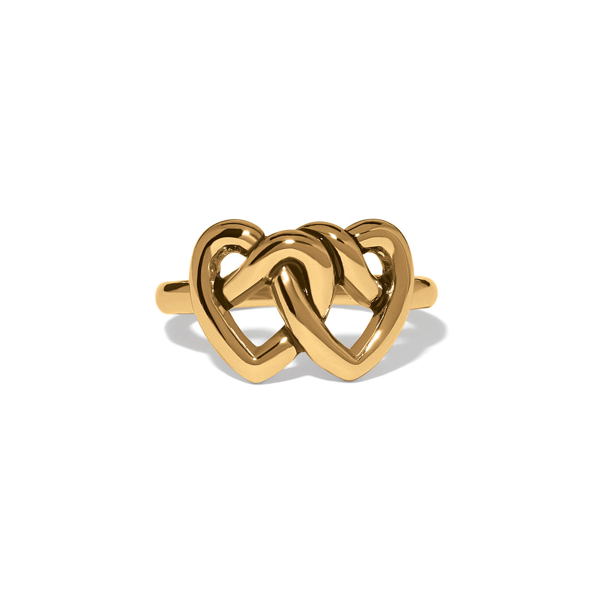 Gold plated Interlok Linked Hearts Ring featuring two interlocking heart motifs.