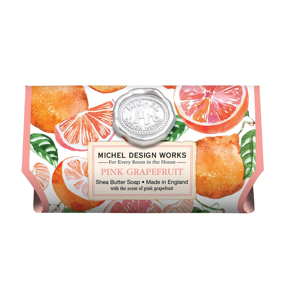 Michel Design Works Pink Grapefruit shea butter soap bar with citrus fruit watercolor pattern.
