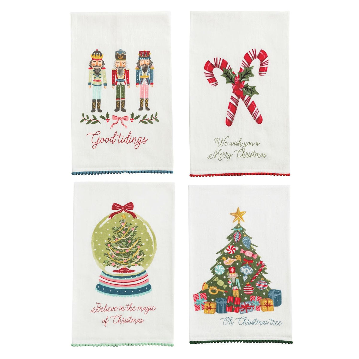 Set of four white Christmas hand towels with nutcracker, candy cane, snow globe, and tree designs.
