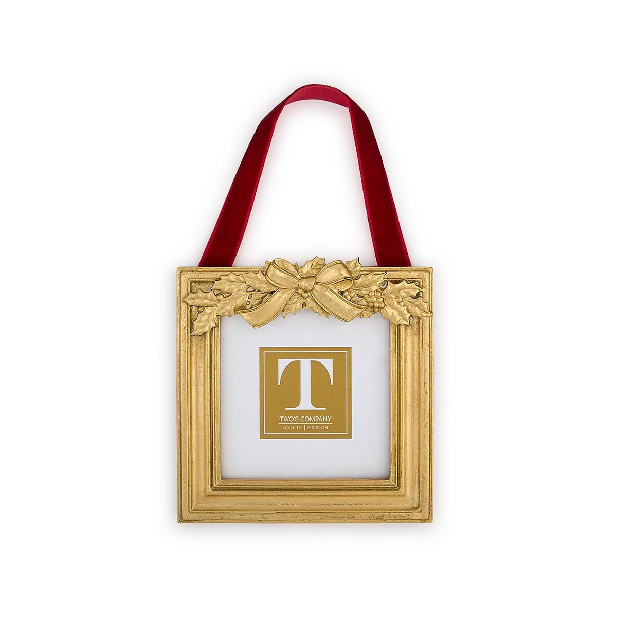 Gold holly leaf hanging photo frame ornament with a red velvet ribbon loop.