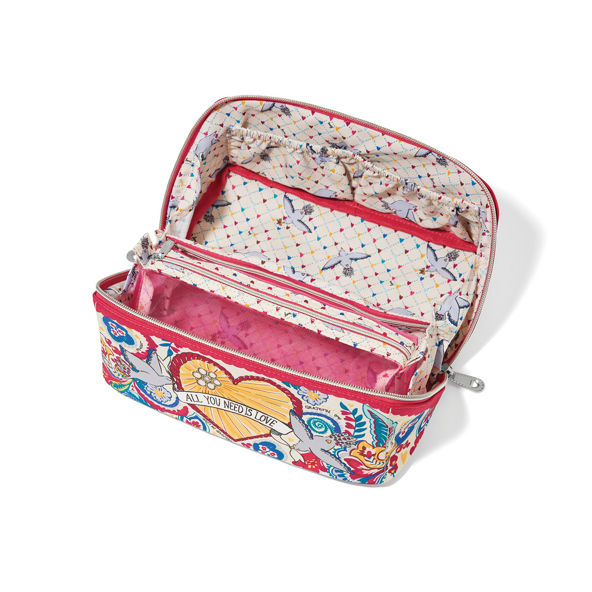Open Love Story Cosmetic Case with floral heart print, mesh pockets, and bird-patterned lining.