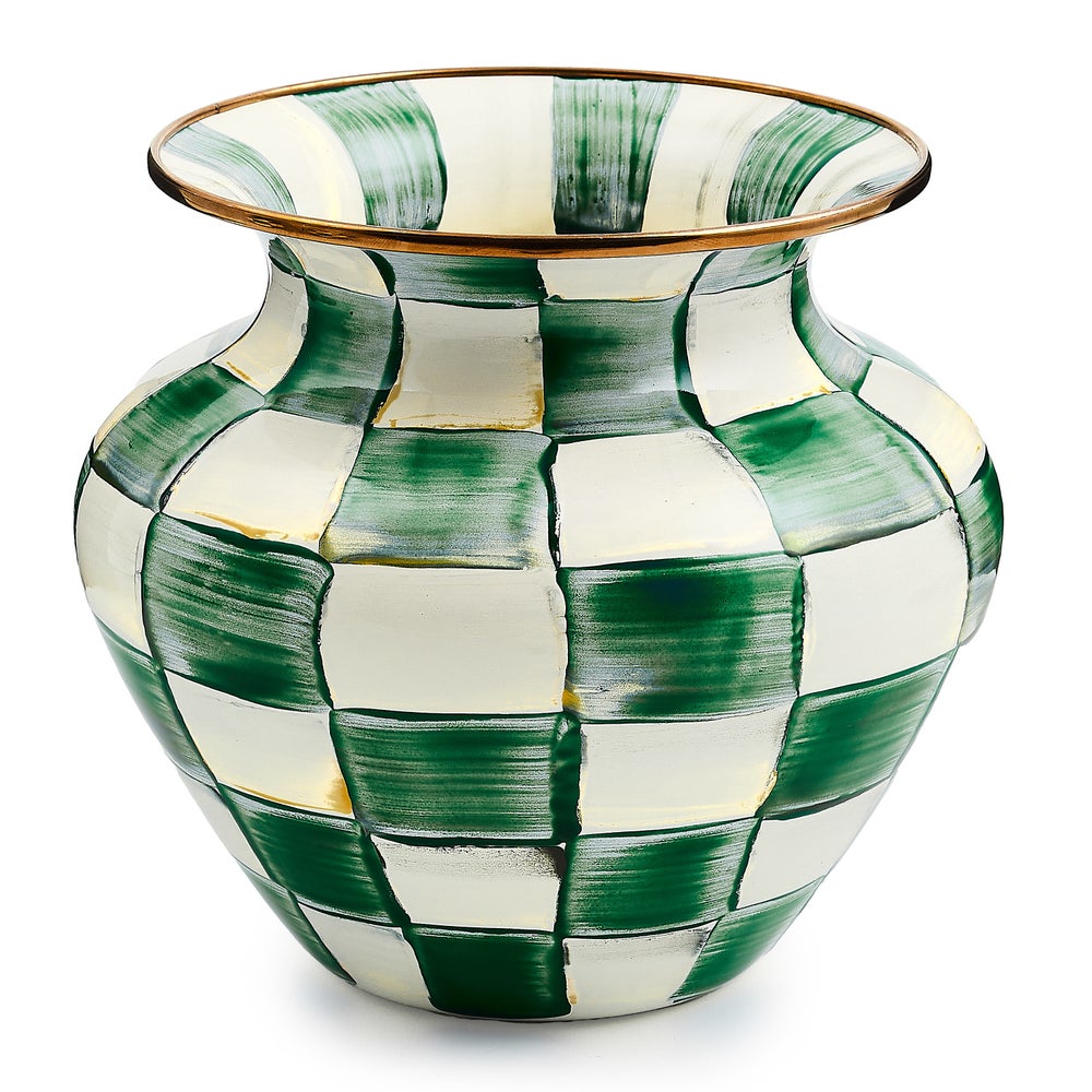 Emerald Check Large Vase with hand-painted green and white checks and a bronzed rim.