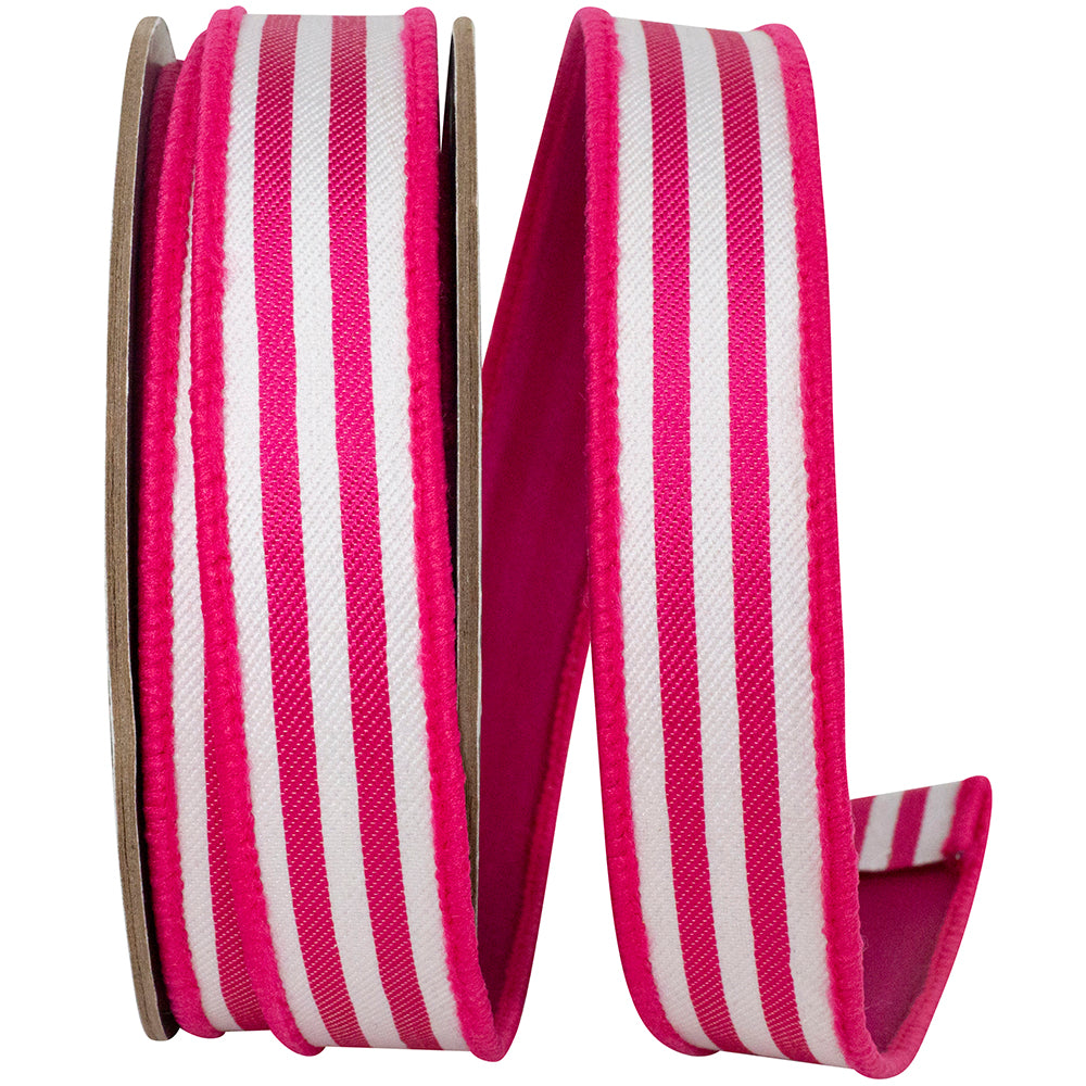 1 inch pink and white striped twill wired edge ribbon with deluxe dupioni backing on a spool.