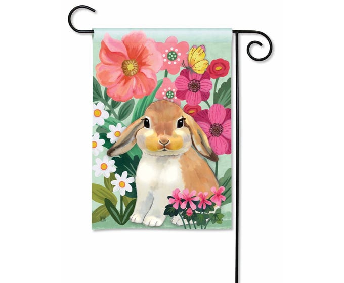 Garden flag featuring a cute lop-eared bunny surrounded by pink and white flowers and a yellow butterfly.