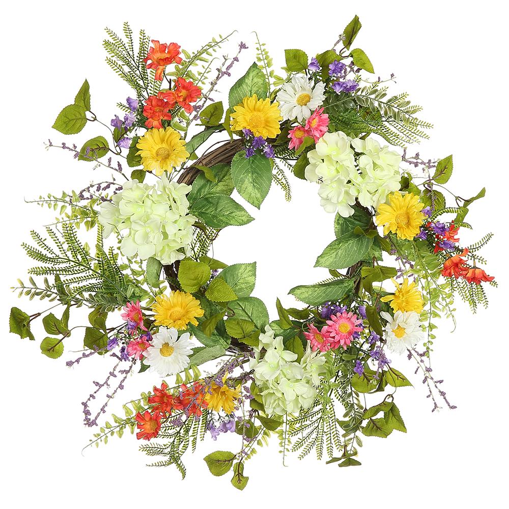 Round wreath featuring hydrangea, daisy, and fern foliage in green with brown twig accents.