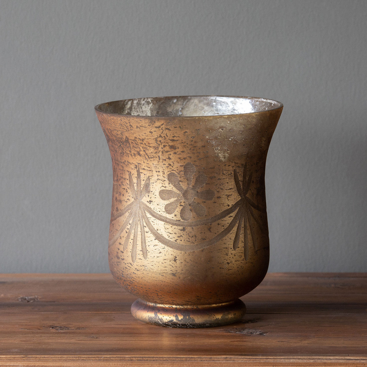 Antiqued bronze hurricane lamp with etched glass shade