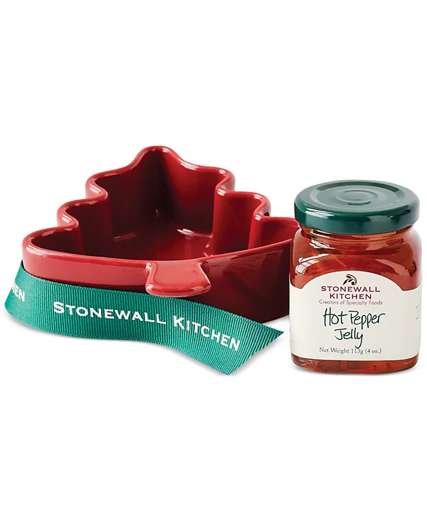 Ceramic ramekin with a tree motif holding hot pepper jelly
