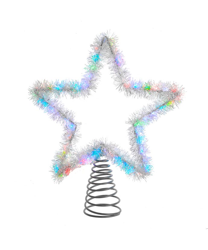 12.2-inch silver tinsel star tree topper with 55 RGB LED lights and a metal spring base.