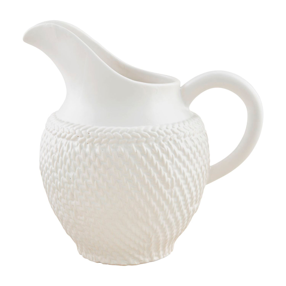 White woven stoneware pitcher with a textured basketweave pattern on the base and a smooth top.