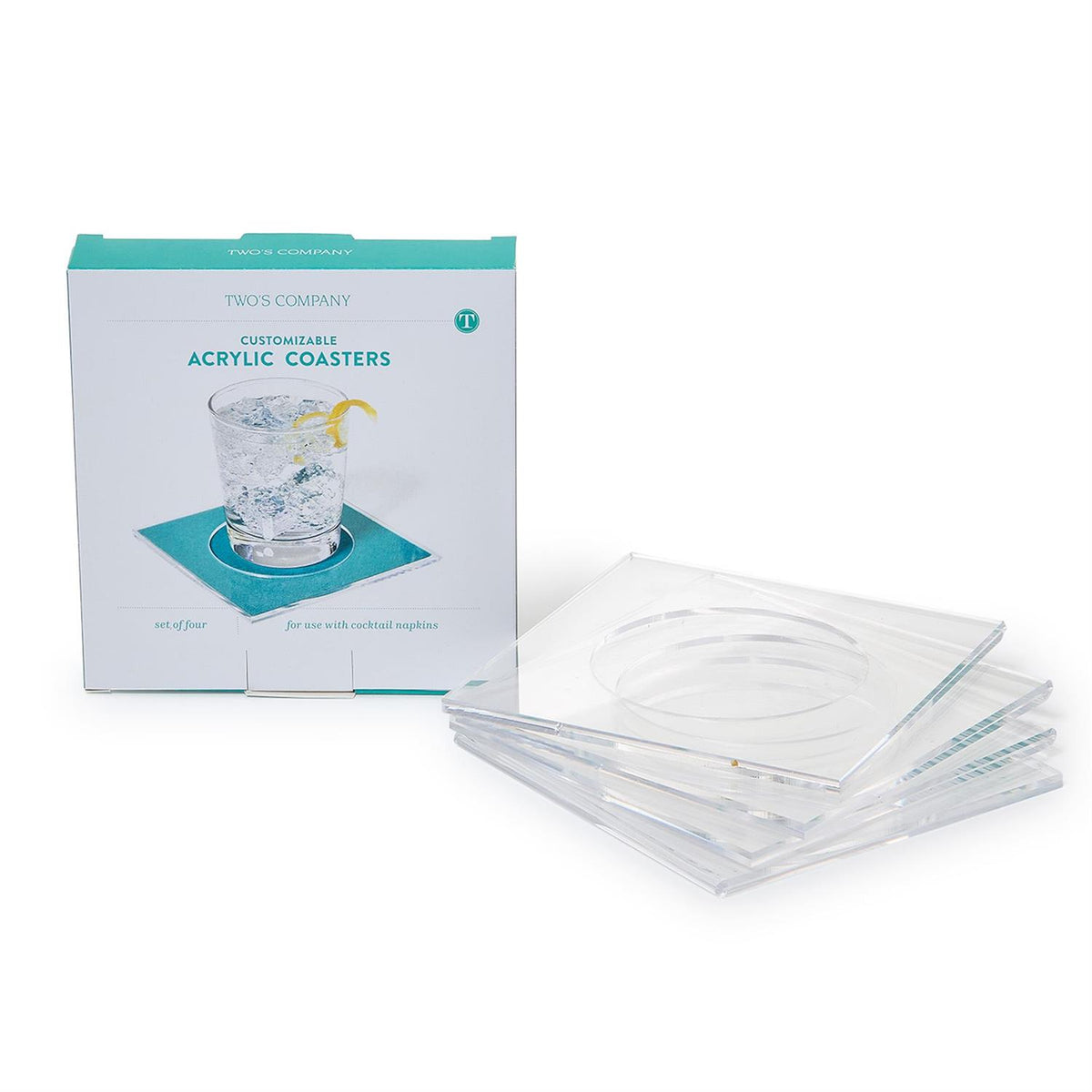 Set of 4 clear square acrylic cocktail coasters next to their teal and white gift box.