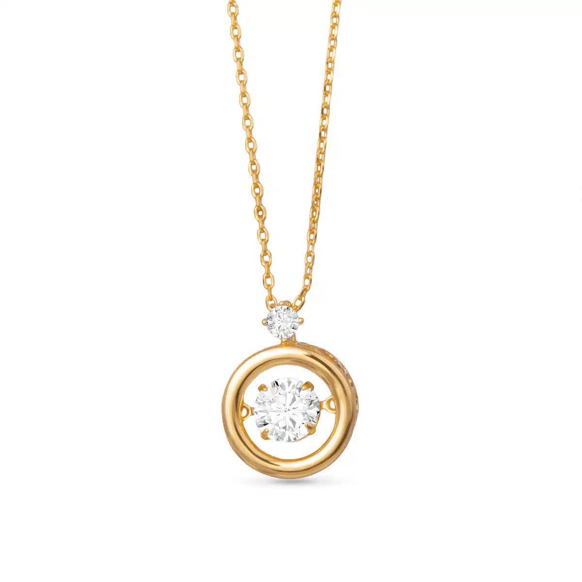 Gold necklace with a round pendant featuring a fluttering center cubic zirconia and a small top CZ.