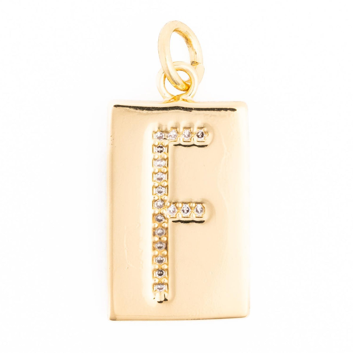 Gold rectangular charm featuring the letter F embellished with small clear crystals.