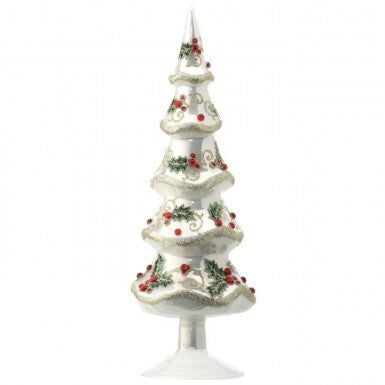 12-inch white glass layered Christmas tree decorated with green holly leaves and red berries.