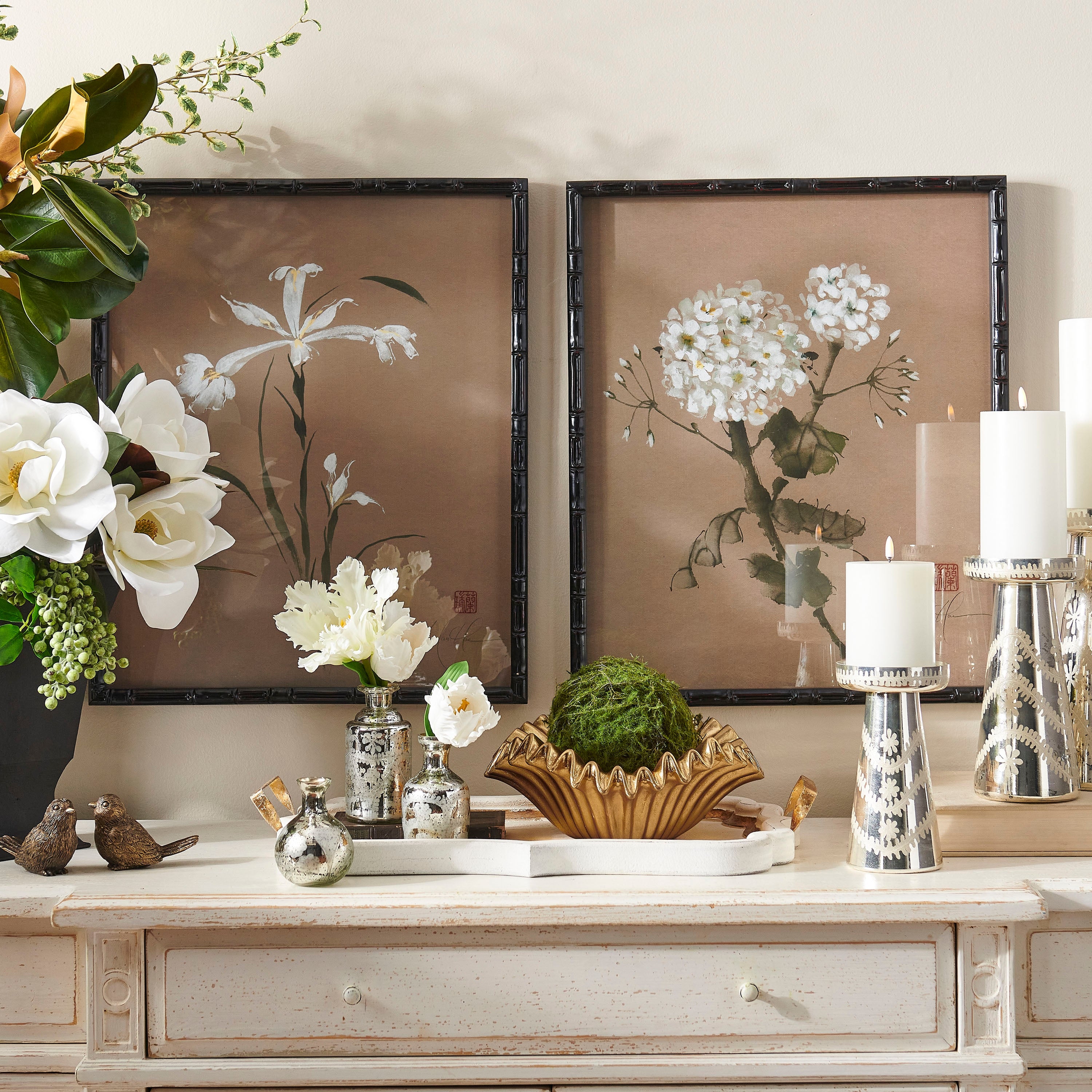 Framed wall art featuring a wood frame with the text 'Perennial Grace' in elegant script.