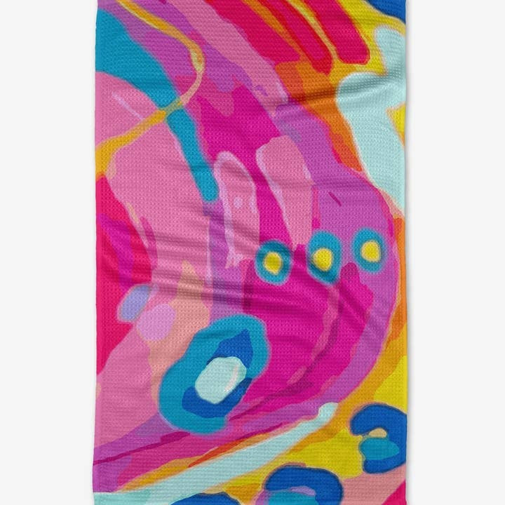 Recycled polyester waffle weave tea towel with single-sided print.