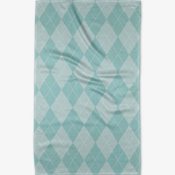 Recycled polyester tea towel with robin's egg argyle print in waffle weave