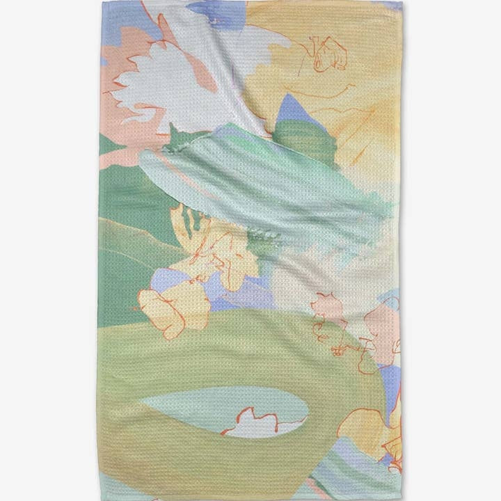 Recycled polyester waffle weave tea towel with single-sided print featuring a secret fort illustration.