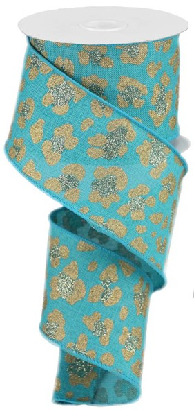 Teal polyester ribbon featuring a gold glitter leopard print pattern on a spool.