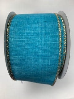 A roll of teal polyester ribbon with a textured fabric finish and metallic gold edges.
